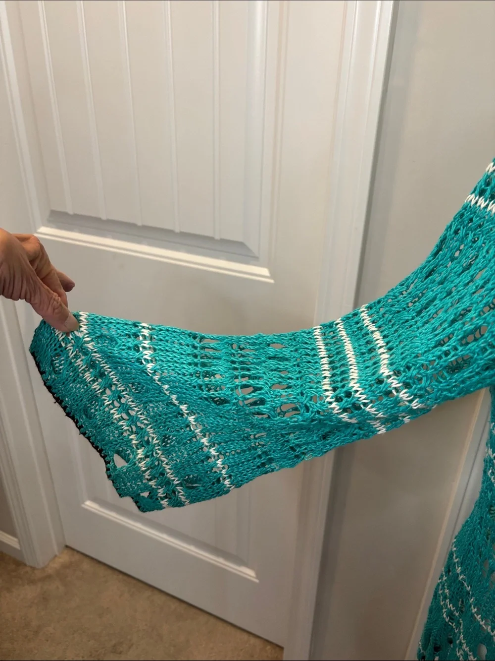 Tommy Bahama Teal Crochet Tie-Neck  Swim Coverup with White Stripes. Linen  XL